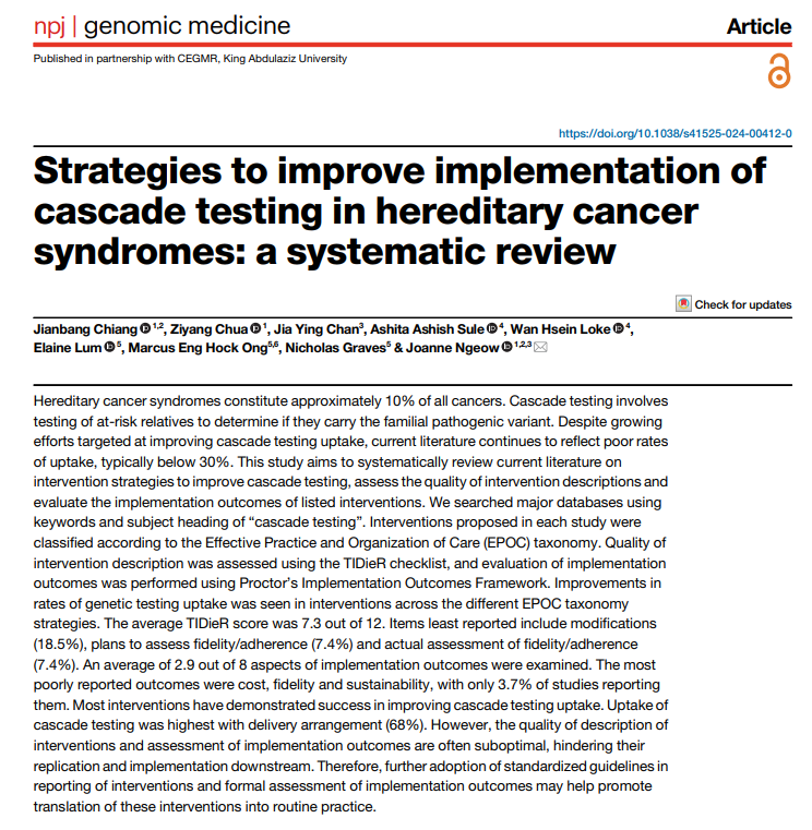 Are there effective strategies to improve implementation of cascade testing in hereditary cancer syndromes? A @Nature_NPJ Genomic Medicine systematic review. #tier1 nature.com/articles/s4152…