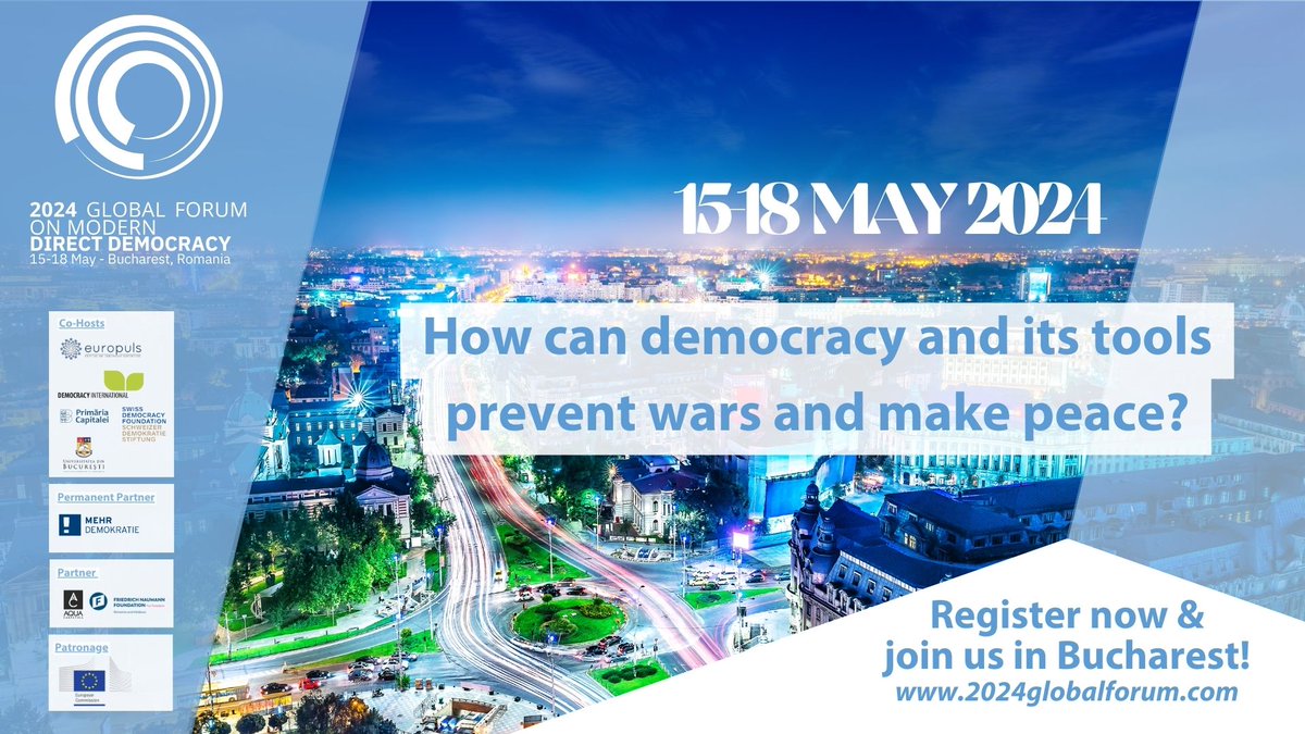 democracy_intl's tweet image. 🌱Join the conversation at the 2024 Global Forum on Modern Direct Democracy in Bucharest, Romania 🇷🇴, from May 15-18, 2024! Discover how democracy can pave the way for peace and prevent conflicts. #GFMDD
Secure your spot today!
✍ Register now: democracy.community/Registration_2…