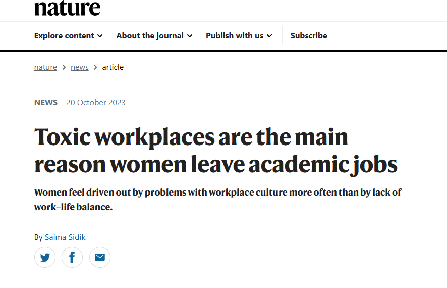 Read that again...women leave research jobs due to toxic work environments. I feel this today- deeply. I have the best job in the world, I get to use my skills to help make things better-but...but...there are people in this system that make this hard! nature.com/articles/d4158…