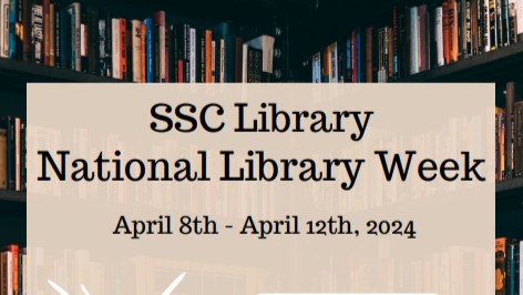 The SSC Library is hosting two events, including a Book Sale from April 8–12 and a 'Poetry Out Loud' poetry and short story reading open to all students on April 9 & 10. Contact skumar@ssc.edu for more information.