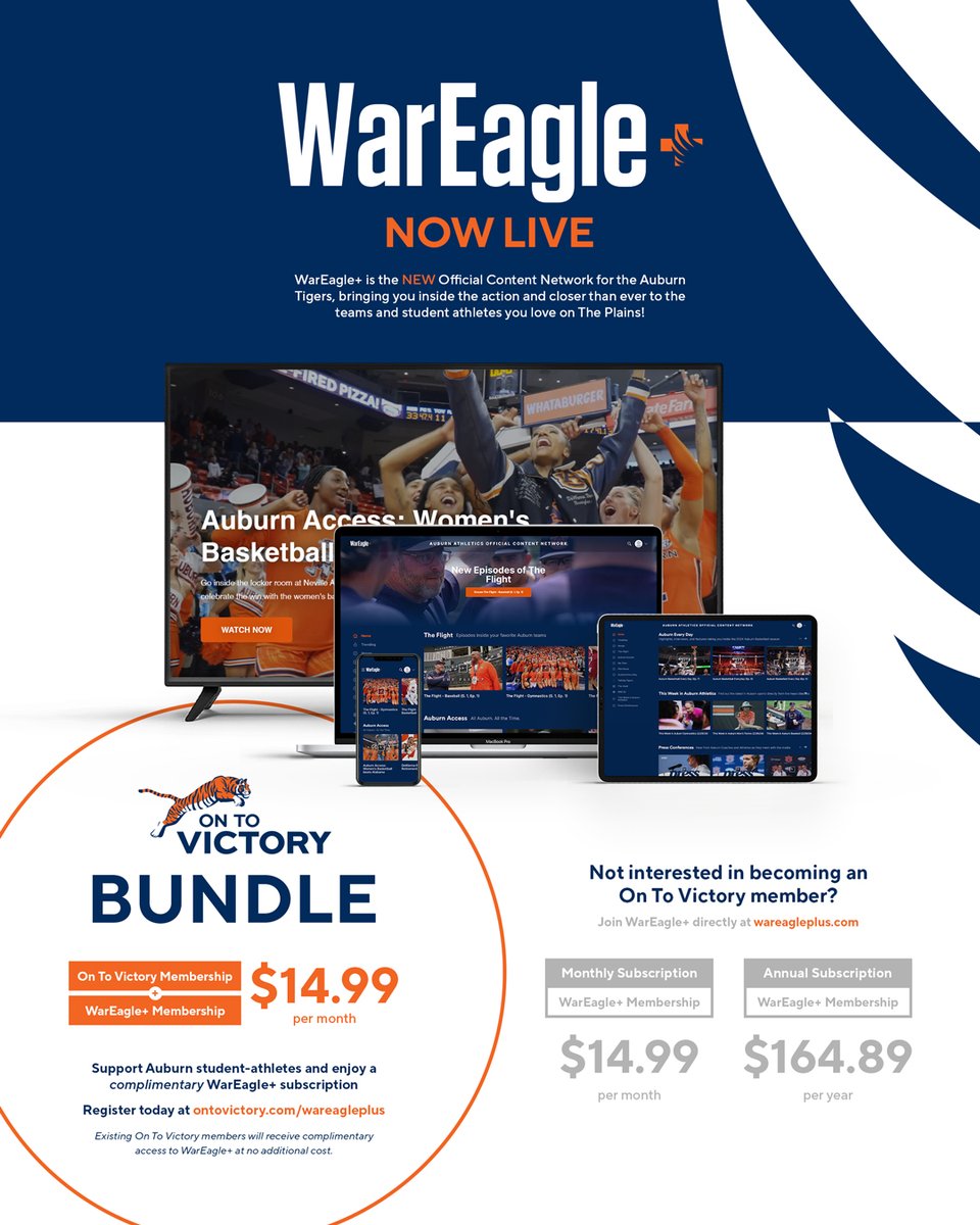 It's a perfect time to sign up for @WarEaglePlus! Activate your @OnToVictoryNIL / WE+ Bundle for only $14.99 and watch Episode 3 of The Flight - @AuburnBaseball TONIGHT at 7 p.m. CT! ⤵️ 🦅 wareagleplus.com