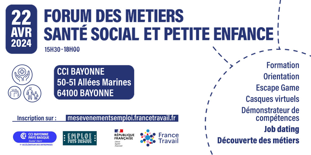 📢 FORUM MÉTIERS 📢 👨‍⚕️ Venez rencontrer des Entreprises des secteurs de la Santé, du Social et de la Petite Enfance au forum métiers organisé par @FranceTravail 📅 Rendez-vous lundi 22/04, dès 15h30 à @CCIBayonnePB 👉 Inscriptions : mesevenementsemploi.francetravail.fr/mes-evenements…