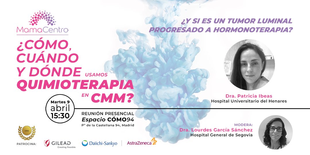 El Martes 9 de Abril contaremos con con la presencia de la Dra.@patoibeas y como moderadora tendremos a la Dra.@lourdesgs1980 que, en relación al uso de quimioterapia, se centrarán en el siguiente supuesto: ¿Y si es un tumor luminal progresado a hormonoterapia? #9AbrilMamaCentro