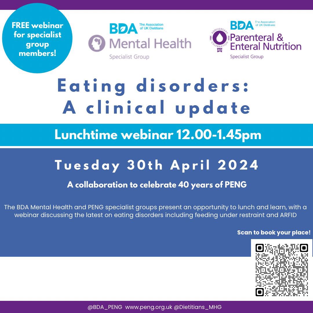 Our next event of the year is a lunchtime webinar joint with @bdamentalhealth on all things eating disorders. Free for members of either specialist group. Registration is now open! #dietetics #cpd #webinar #eatingdisorders @bda_dietitians