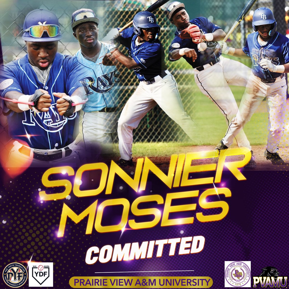 Congrats to PYF Rays Team FL player Sonnier Moses @sonniermoses360 24’ on his commitment to Prairie View A&M University. #pvamu #hbcu #pyfhbucshowcasecamp @Baseball_YDF