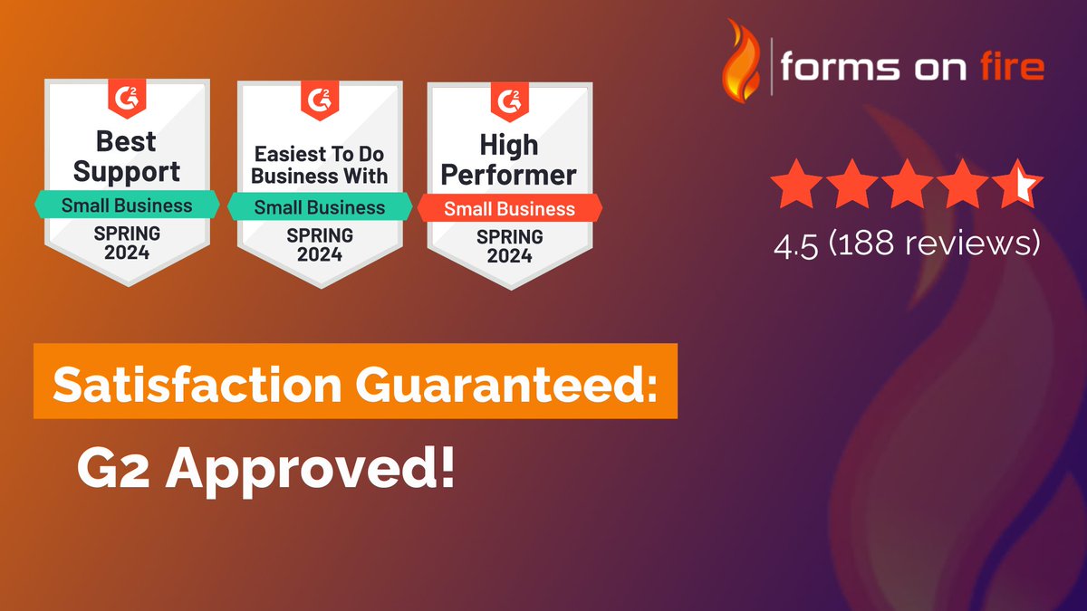 forms_on_fire's tweet image. 🎉 Exciting news! Forms on Fire has earned G2&apos;s spring badges for Best Support and Easiest to Do Business With!

💼 Ready to experience top-notch service? Check us out now! 

#G2 #SpringSuccess #BestSupport #EasyBusiness