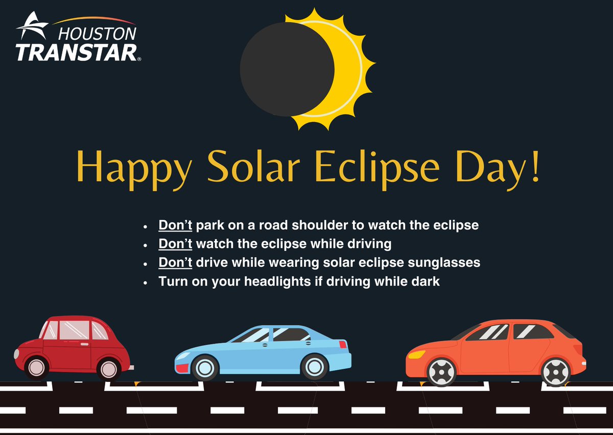 Who's ready for the Solar Eclipse?! 🌒🤠 It may sound silly, but please remember these roadway safety tips tomorrow: ❌Don’t park on a road shoulder to watch ❌Don’t try to watch while driving ❌Don’t drive with eclipse glasses on ✅Turn on headlights if driving while dark