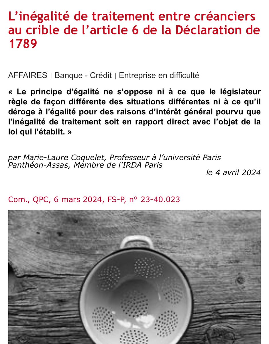 Le traitement réservé aux créanciers soumis à la discipline collective et celui réservé à certains créanciers financiers est-il conforme au principe d’égalité ? Réponse au <a href="/Dalloz/">Editions Dalloz</a> actu du jour sous la plume de M.-L. Coquelet ⬇️ <a href="/Univers_Paris2/">Université Paris 2</a>
