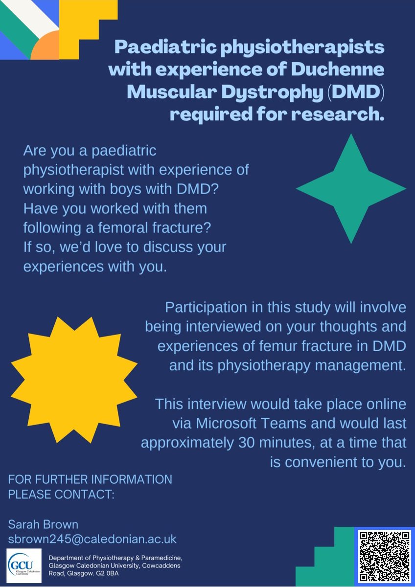 Calling all paediatric physiotherapists who have experience of working with boys with Duchenne Muscular Dystrophy following a femur fracture 📣 I am now recruiting for my MSc Advanced Practice dissertation research study. Please share with anyone who may be interested in helping.