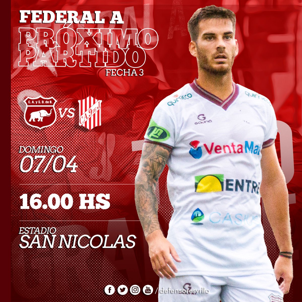 #FederalA

⚽ #Defensores recibe a <a href="/9dejuliooficial/">Club A. 9 de Julio de Rafaela</a> por la fecha N° 3 del Torneo Federal A este domingo 07/04 desde las 16.00 hs. con el arbitraje de Fernando Omar Marcos en el #EstadioSanNicolás.

#TodoGranate 🐘
