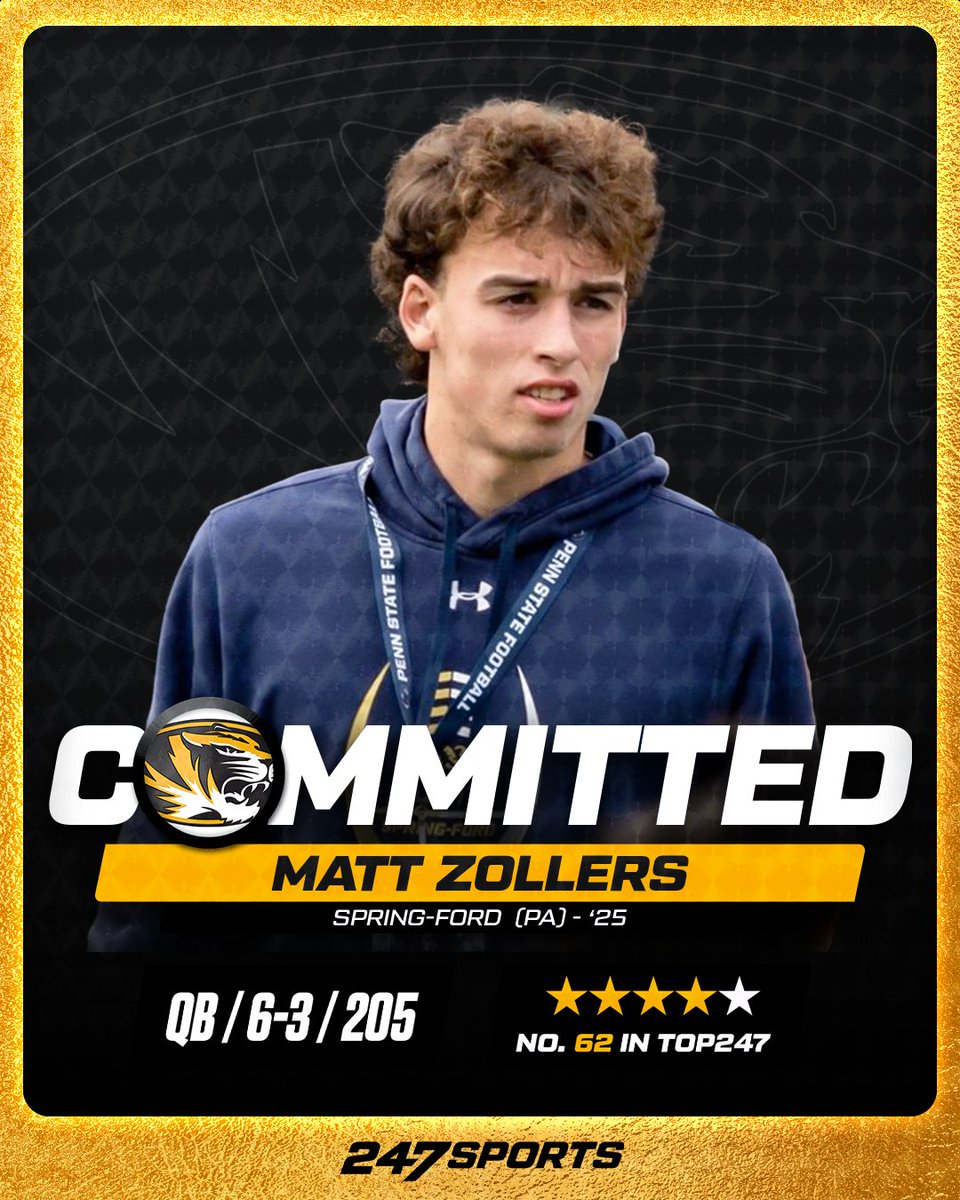 NEWS: Top-100 QB Matt Zollers has committed to Eli Drinkwitz and @MizzouFootball. 🐯 🧾 via @BrianDohn247: 247sports.com/college/missou…