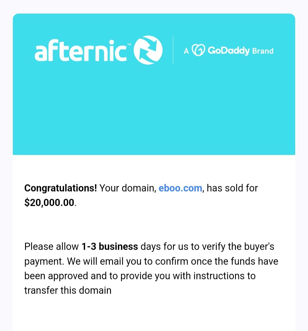 Bought for 3.8k$ 1.5 years ago.

Sold for 20k on @afternic , great support by afternic team.

#sale #domainsale #domain #domains #domaining #eboo #boo #sold #domainsold #sales