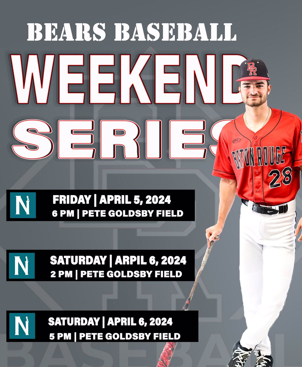 Bears Baseball will start their Weekend Conference Series with the Nunez Pelicans on Friday April 5 at 6 pm then April 6 at 2 & 5 pm. 🎥Game One: tsbnsports.com/nunez-vs-baton… 🎥Game Two:tsbnsports.com/nunez-vs-baton… 🎥Game Three: tsbnsports.com/nunez-vs-baton… 🎟brccathletics.com/BRCC_Athletics… #burnem