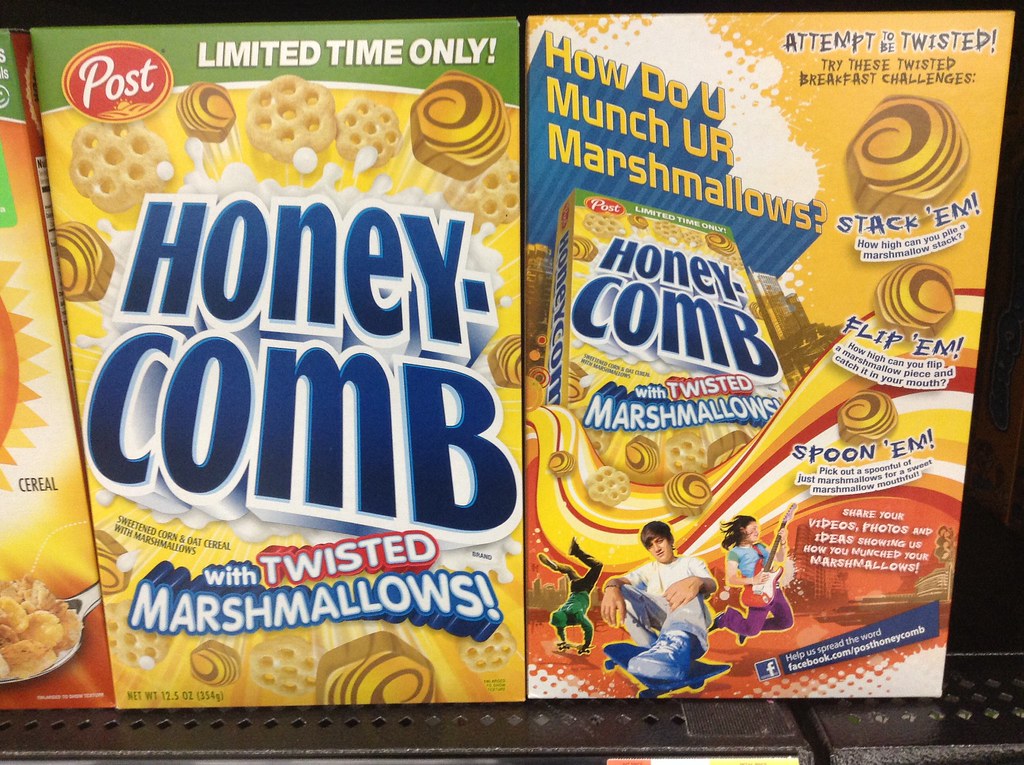 Honeycomb with Twisted Marshmallows (2014-2014): This limited edition cereal was classic Honeycomb, but with the addition of hexagonal, 'swirl'-patterned marshmallows. Seen here in an image from the archives of @JeepersMedia