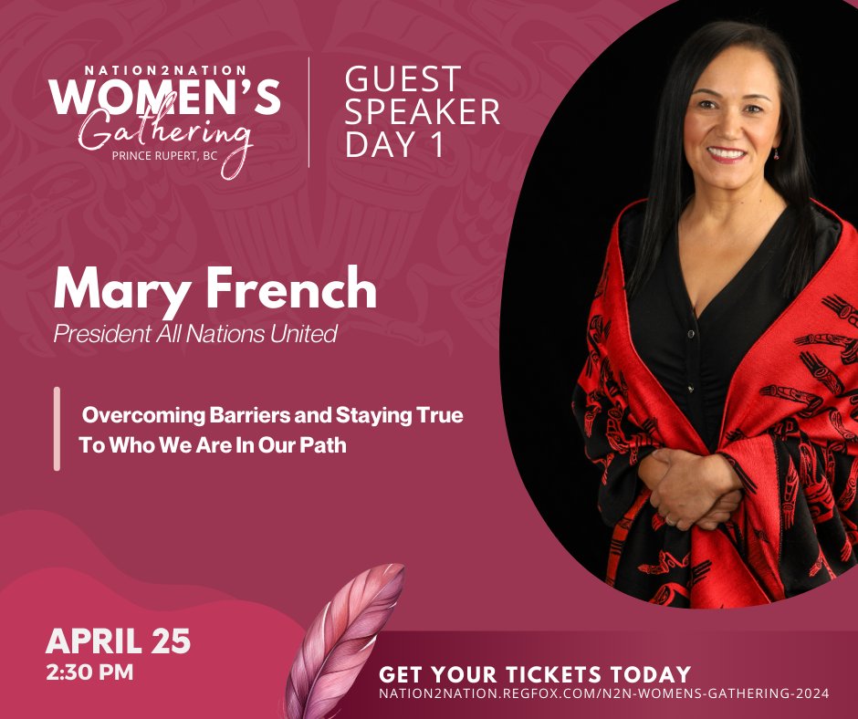 Events_N2N's tweet photo. Welcome Mary French as our Day 1 Guest Speaker.
"Overcoming barriers and staying true to who we are in our path"
Register at https://t.co/4cdf5MjMsa
#sheleads #countherin #N2N #WomensGathering#everyonewelcome #menwelcome #lifesjourney #indigenousled #princerupertbc https://t.co/7TCABm5kBG