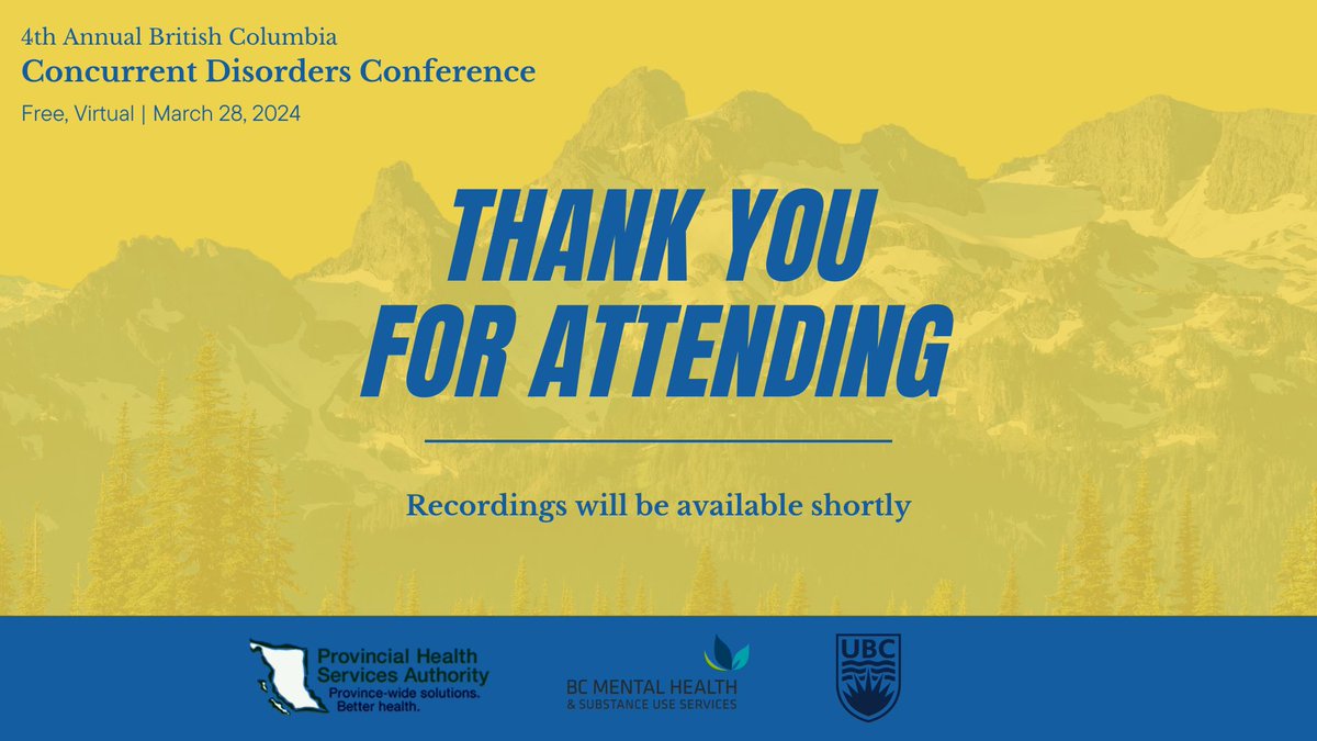 ACD Research Group (@acdresearch) on Twitter photo Last week's BC Concurrent Disorders conference welcomed over 1200 attendees from 20+ countries to engage in important discussions around improving the continuum of care for people living with concurrent disorders <a href="/BCMHSUS/">BC Mental Health and Substance Use Services</a> <a href="/PHSAofBC/">Provincial Health Services Authority</a>
Recordings will be available shortly Last week's BC Concurrent Disorders conference welcomed over 1200 attendees from 20+ countries to engage in important discussions around improving the continuum of care for people living with concurrent disorders <a href="/BCMHSUS/">BC Mental Health and Substance Use Services</a> <a href="/PHSAofBC/">Provincial Health Services Authority</a>
Recordings will be available shortly