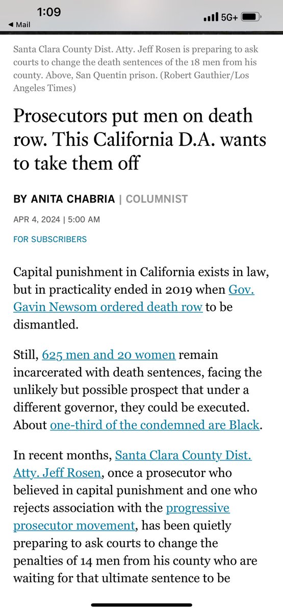 The fact that California spends $10,000,000s defending death sentences that it will almost certainly never carry out is obscene. Santa Clara DA Jeff Rosen, not a progressive prosecutor, plans to remove those from his county from death row. latimes.com/california/sto…