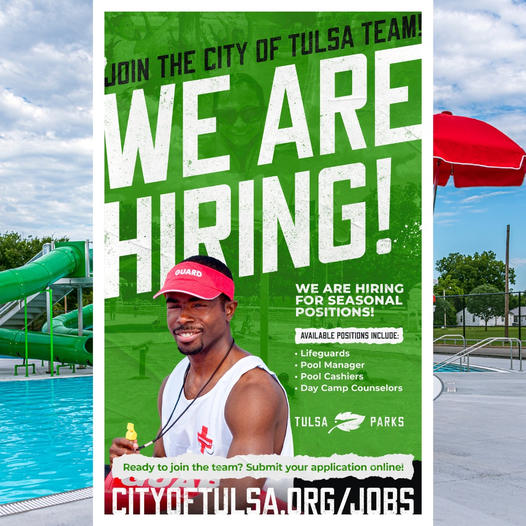 Tulsa Parks is Hiring! We want YOU to join the Tulsa Parks team! We will be offering interviews on the spot for seasonal positions at the Parks Career Fair. April 6 | 9 a.m. - 1 p.m. Centennial Center in Veterans Park 1028 E. 6th St.