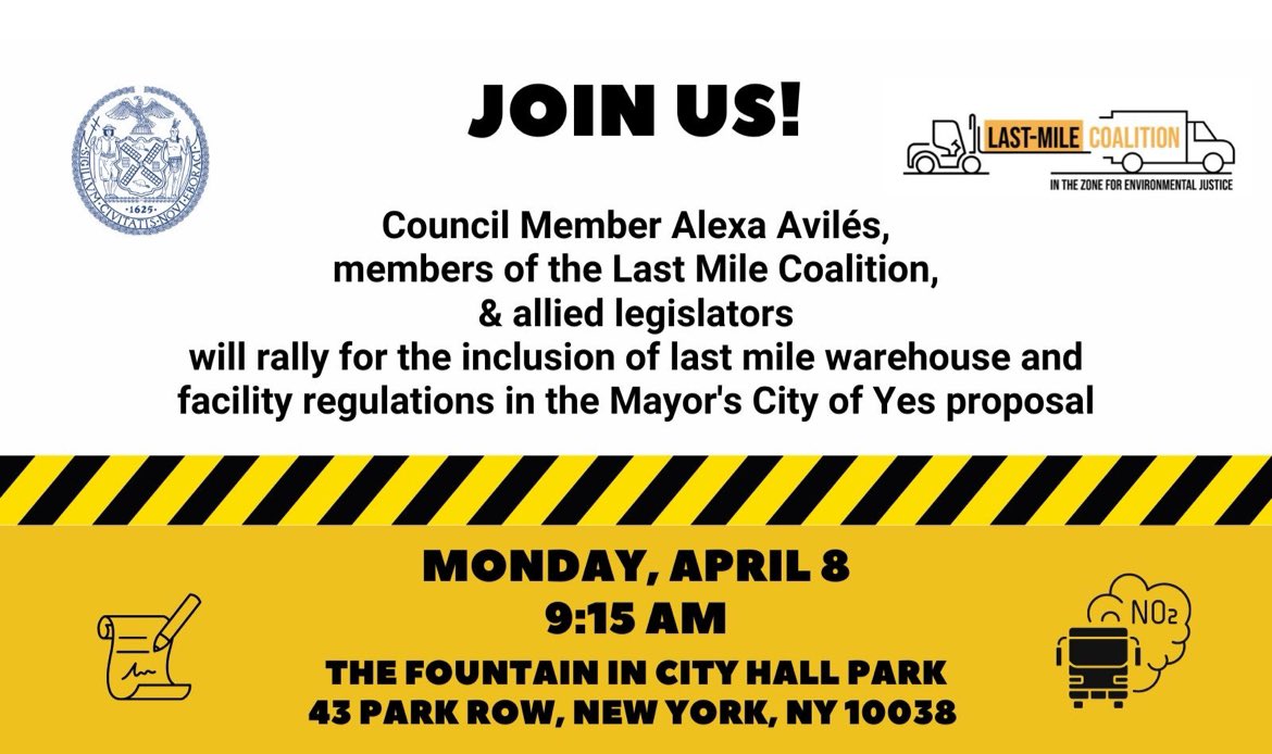 MONDAY: We’re holding a rally for inclusion of last mile warehouse and facility regulation in the mayor’s #cityofyes proposal Join @LMCoalition powered by @THEPOINTCDC @elpuentepalante @NYCEJAlliance @UPROSE @rhookinitiative @NYLPI @Earthjustice in city hall park