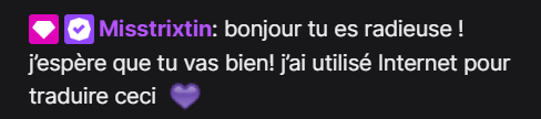 💬| Momza is in the chat !

#TRIXTIN : Hello you look radiant ! I hope you're fine ! I used internet to translate this ! 💜
🐥 I MISS YOU !