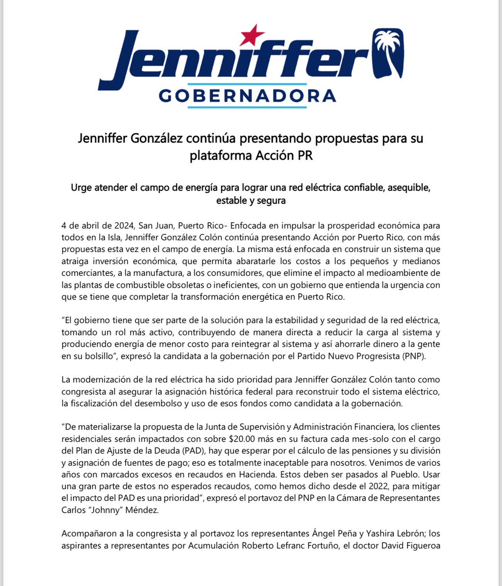 JGO_2024's tweet photo. Comunicado de Prensa | Jenniffer González continúa presentando propuestas de su plataforma AcciónPR

Urge atender el campo de energía para lograr una red eléctrica confiable, asequible, estable y segura https://t.co/3PzX5BaQ7n