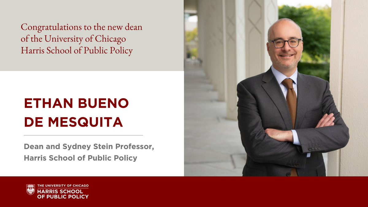 Prof. Ethan Bueno de Mesquita has been appointed dean of the @UChicago Harris School of Public Policy, President Paul Alivisatos and Provost Katherine Baicker announced. Read more about @Ethanbdm's appointment at harris.uchicago.edu/news-events/ne…