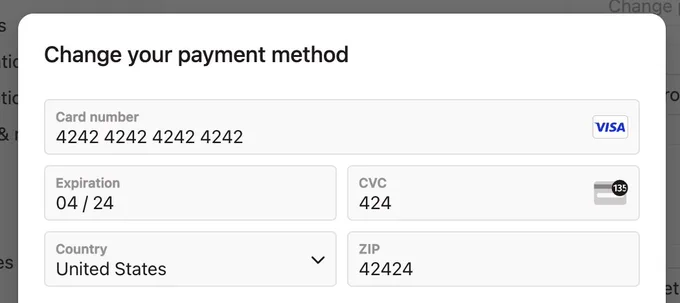 Payment modal titled "Change your payment method". Card number is 4242 4242 4242 4242, expiration is 04/24, CVC is 424, country is United States, and ZIP is 42424.