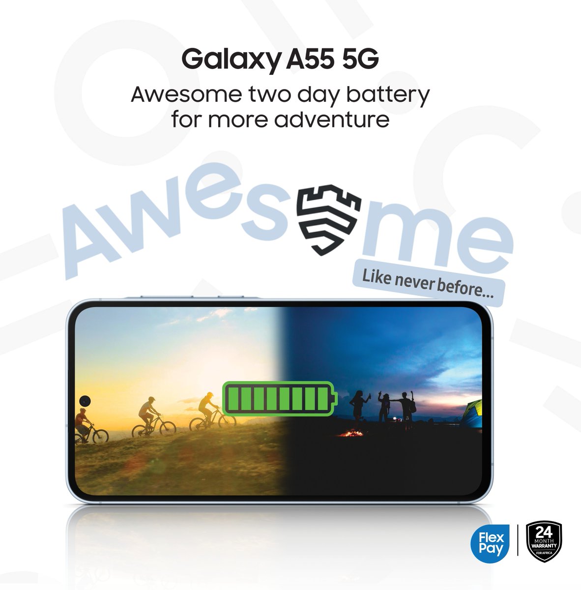 Enjoy continuous excitement with the #AwesomeLikeNeverBefore  5,000mAh battery capacity of Galaxy A55 5G.

#GalaxyA55 5G
#AwesomeLikeNeverBefore
#SamsungNigeria