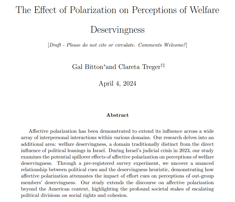 Excited to present my joint work with <a href="/GalBitton2/">Gal Bitton</a> on
"The Effect of #Polarization on Perceptions of #Welfare #Deservingness" at #MPSA2024/#MPSA24 tomorrow, April 5, at 4:45 to 6:15pm CDT. If you are interested in AP, join us! tinyurl.com/yqz7e5bg
A few takeaways below 🔽1/