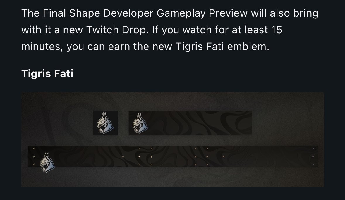 EmblemCollector's tweet photo. The upcoming Twitch Drop emblem now has a name per today’s TWID: Tigris Fati. 

I’m not sure how long this stream is, so make sure you get in early and make sure your Twitch/Bungie accounts are linked beforehand!

You can make progress on the other two emblems too https://t.co/r3upzfhrTc