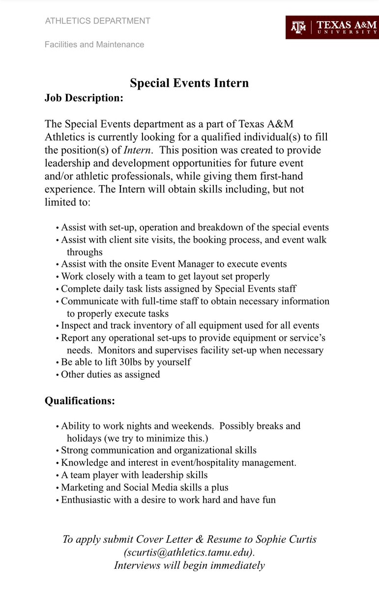 SPMTInternInfo's tweet image. TAMU Athletics Special Events Intern. Apply today Aggies 👍