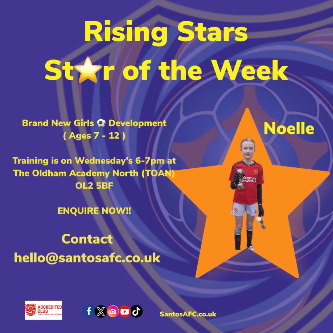 🏆 Star of the Week 🏆
 
#risingstars - Noelle

Keep up the good work 🏆

⚽️If you have a daughter who wants to learn football at a family friendly club please contact us via messenger or hello@santosafc.co.uk ⚽️

#SantosAFC #SantosYouth #risingstars 
#girlsfootball #hergametoo