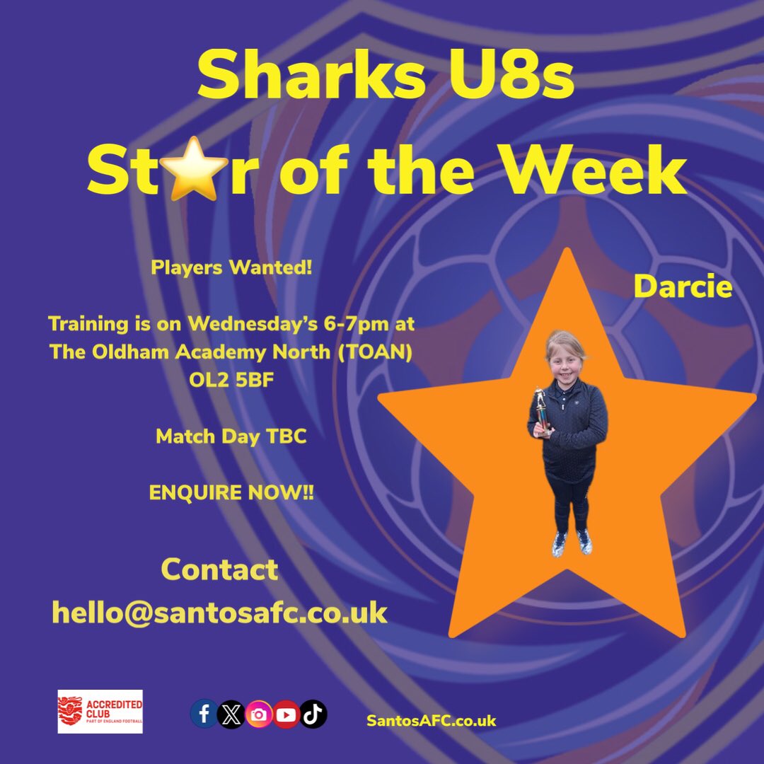 🏆 Star of the Week 🏆
 
#SharksU8s - Darcie

Keep up the good work 🏆

⚽️If you have a daughter who wants to learn football at a family friendly club please contact us via messenger or hello@santosafc.co.uk ⚽️

⚽️👧⚽️👱‍♀️ ⚽️👧⚽️👱‍♀️ ⚽️👧⚽️👱‍♀️

#SantosAFC #SantosYouth #risingstars