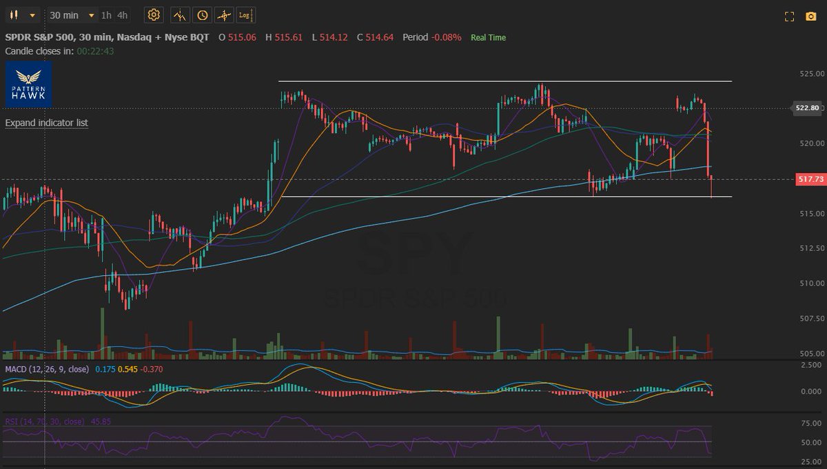 PatternHawk's tweet image. $SPY 30 Min. Hit bottom of 2 week range. High 👀