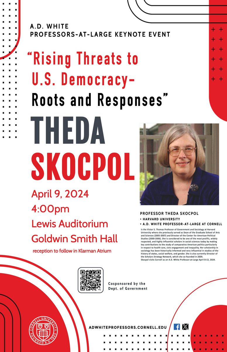 This Tuesday, 4/9, @ADWHITEPAL Theda Skocpol presents “Rising Threats to U.S. Democracy – Roots and Responses” at 4pm, Goldwin Smith Hall. Open to all. Skocpol is considered one of the most prolific, widely respected & highly influential scholars in social sciences. #twithaca