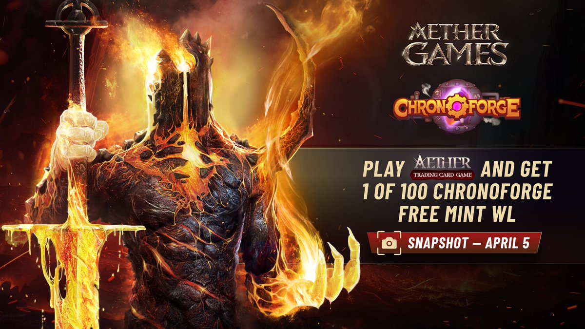 🔥 Big news, Aether Champions! 🔥 We're teaming up with @playchronoforge for an epic giveaway! Just for playing @AetherTCG, you could snag a FREE mint of their sRIFT Season Pass on April 10. ⚔️ Top 100 players on our leaderboard in AetherTCG will get the free Whitelist! ⚔️…