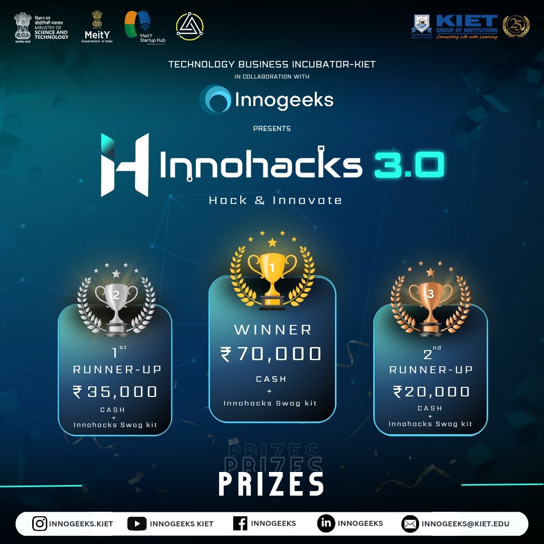 InnogeeksKiet's tweet photo. Winner🥇: 70K + Goodies &amp; Swags+ Top DSA courses by AlgoPrep
1st Runner-up 🥈: 35K + Goodies&amp;Swags + Top DSA courses by AlgoPrep
2nd Runner-up 🥉: 20K + Goodies&amp;Swags + Top DSA courses by AlgoPrep
Potential seed funding of upto ₹10 lakhs from Technology Business Incubator - KIET https://t.co/50QeFd9SXP