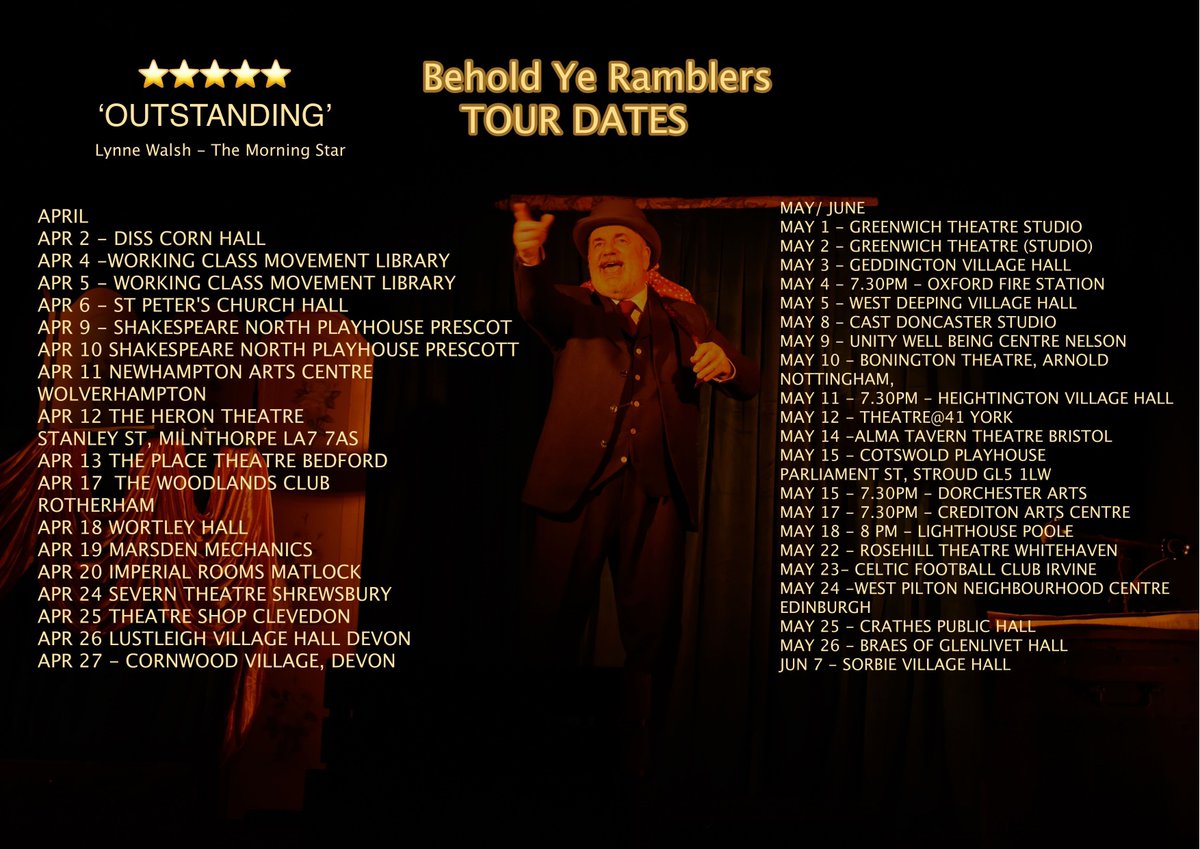 #BeholdYeRamblers SOLD OUT @wcmlibrary TONIGHT & TOMORROW. SAT a 3 pm show in St Peters Hall WISBECH. Next week Tues & Wed @ShakespeareNP (FEW tickets left) Thurs @Newhampton Friday @TheHeron Sat @ThePlaceBedford