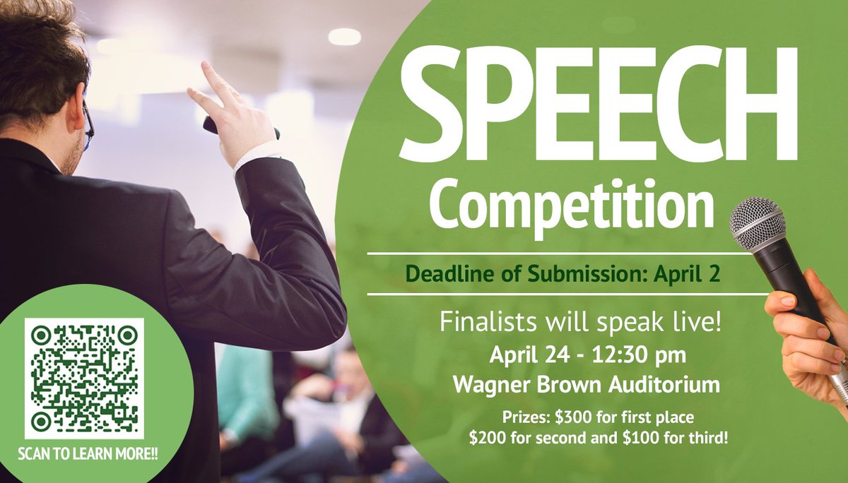 Midland College is having a speech competition! Prizes are $300, $200, and $100! The entry deadline has been extended to April 9, and you can find more information here:

Speech Competition - Spring 2024 - MC Calendar (midland.edu)