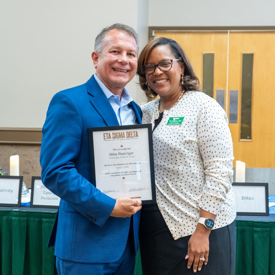 A lovely ceremony yesterday as we inducted the newest members of the Eta Sigma Delta Honor Society. Mike Reisinger, Regional HR Director at @benchmarkdfw, became an honorary member and was the keynote speaker. Congrats to the initiates! #untcmht #unthospitality #etasigmadelta