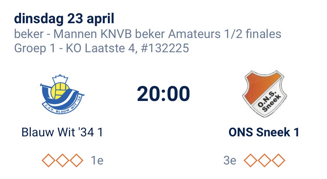 ONSSneek's tweet photo. 📅 Voor in de agenda: de halve finale van de Districtsbeker Noord tussen @Blauwwit34 en ONS Sneek is ingepland op dinsdag 23 april om 20.00 uur. #blaons https://t.co/UzyaBFENwv