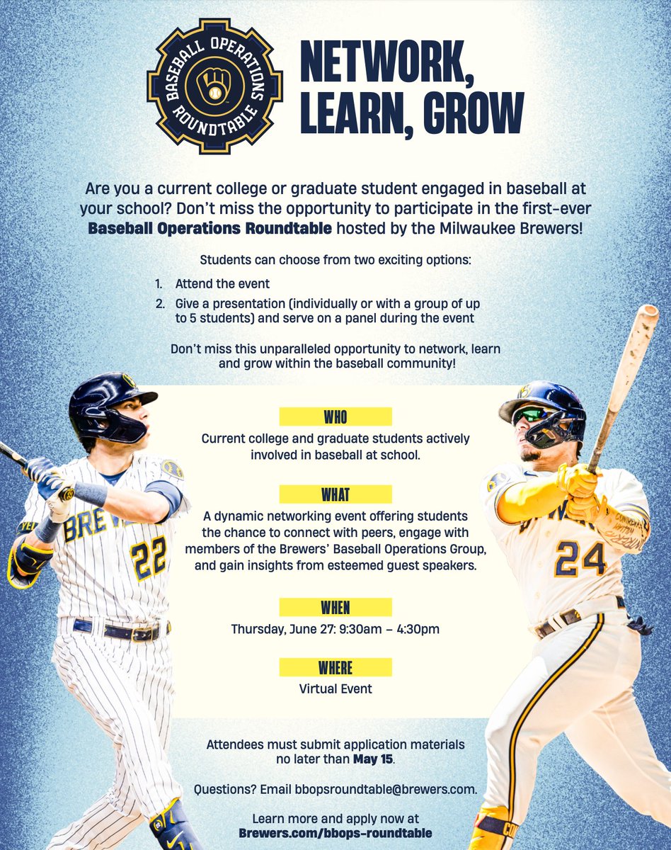 Are you a current college or graduate student engaged in baseball at your school? Don't miss the opportunity to participate in the first-ever Baseball Operations Roundtable hosted by the Milwaukee Brewers! This completely virtual networking event offers students the chance to…