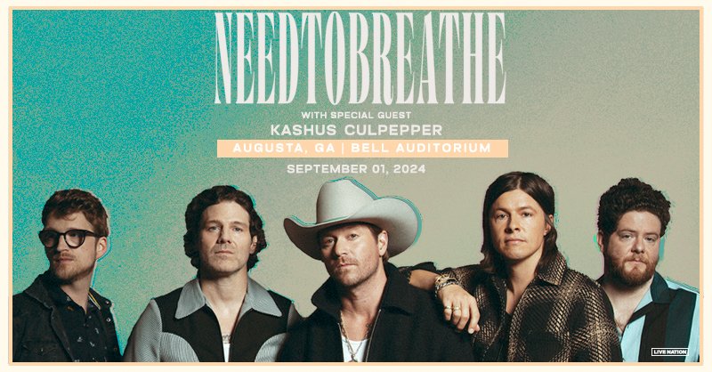 JUST ANNOUNCED: NEEDTOBREATHE is coming to Bell Auditorium with special guest Kashus Culpepper on Sun, Sept 1! Tickets on-sale Fri, Apr 19 at 10am! #NEEDTOBREATHE #KashusCulpepper #entertainaugusta #augustaentertainment #augustaentertainmentcomplex #augustaga #downtownaugusta