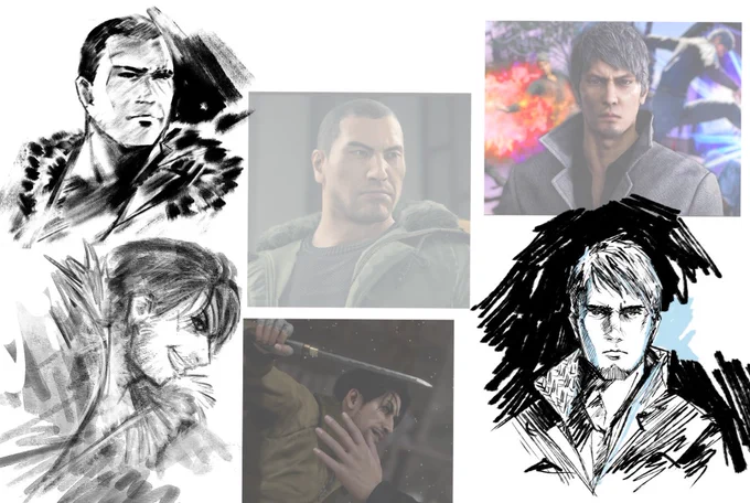 Trying out Hyde's Majima and Kiryu brushes lmao

-Majima brush is super hard to control and barely reacts to pen pressure
-Kiryu brush is sharp/precise but doesn't blend well easily
-Saejima brush overall had a good balance in between and was the easiest of the 3 to use 