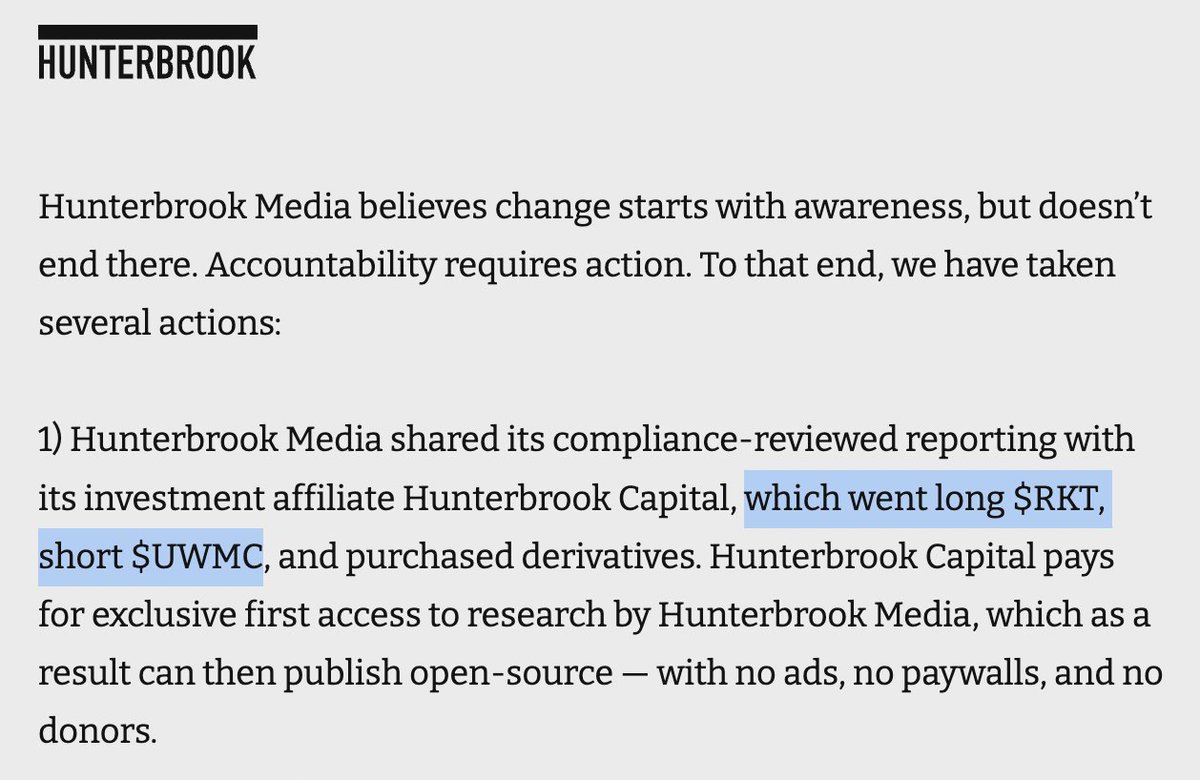 Is an NBA owner saying another NBA owner funded a negative media(ish) story about him? Don't know what Ishbia means exactly but Hunterbrook says it gave 'exclusive first access' to its hedge fund, which then bought long on Rocket Co. (Gilbert's publicly traded co.) + shorted UWM