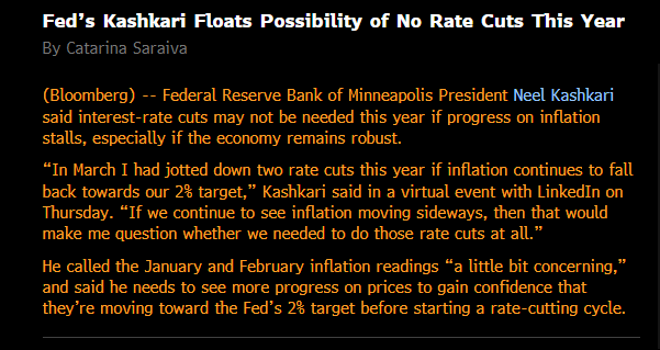 coiledspringcap's tweet photo. The parade of Fed speakers who say the same thing every day w/ no change to their messaging, is gyrating the #stockmarket on daily basis. Ysty Powell said we are path to cut rates this yr. Today its Kashkari saying no cuts. 

We are in a hypersensitive macro focused mkt
#benimble https://t.co/mE0O9HcWnL