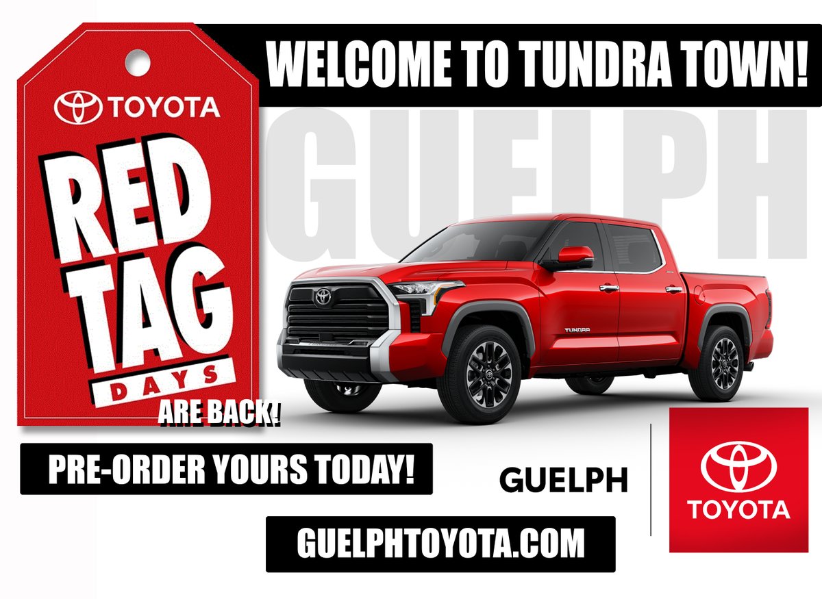 Red Tag Days are back! @GuelphToyota #Toyota #Guelph #guelphtoyota #dealership #toyotadealership #dealer #local #localguelph #redtags #deals #toyotaredtag #redtagdays #tundra #tundratown #preorder #newtoyota #newcarsales #toyotoatundra #save