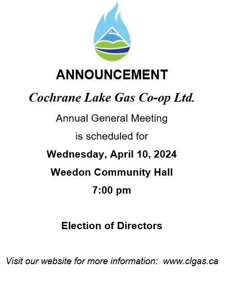 The 52nd Annual General Meeting is only 1 week away!
the AGM is scheduled for Wednesday, April 10th, 2024 at 7:00 PM. at the Weedon Community Hall.
42041 Weedon Trail, Cochrane, AB T4C 0G9
See you there!