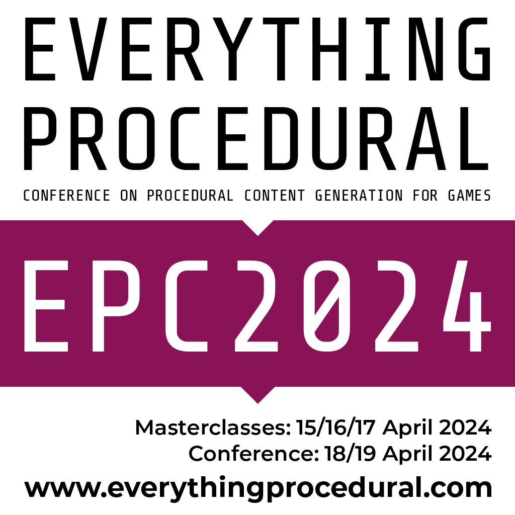 EPC is very close now. Looking forward to meeting everyone in person and all the amazing talks. It's not too late to apply for my class on WFC and Tessera. Last chance before @paul_merrell42's talk 'Beyond WaveFunctionCollapse' which will no doubt make it seem quaint🙃