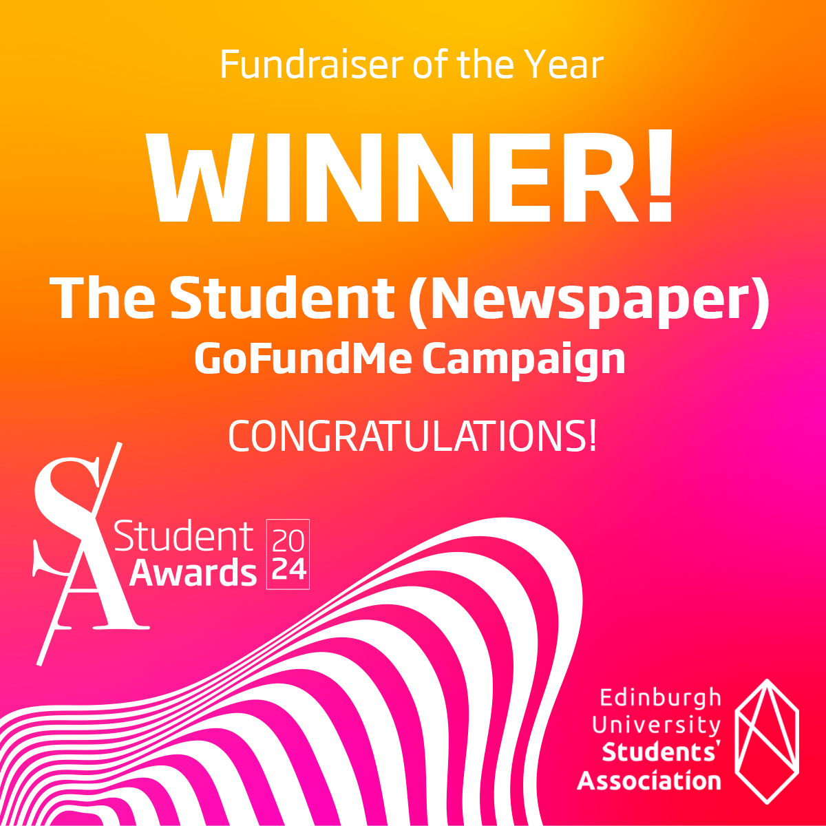 Edinburgh University Students' Association (@edunistudents) on Twitter photo Congratulations <a href="/TheStudentPaper/">Student Newspaper</a> — your GoFundMe campaign is our winner for Fundraiser of the Year. Well done to the whole team! Congratulations <a href="/TheStudentPaper/">Student Newspaper</a> — your GoFundMe campaign is our winner for Fundraiser of the Year. Well done to the whole team!